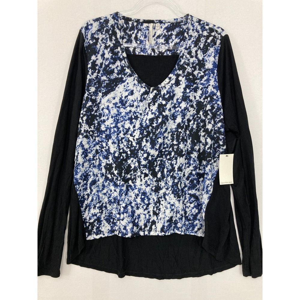 New‎ Calvin Klein Top XL Blue Black Marble Print Mixed Media V-Neck Soft Comfy
